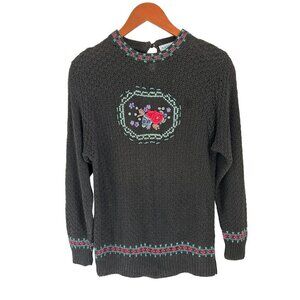 Vintage Northern Isles Hand-Knitted Black Sweater With Floral Embroidery Womens